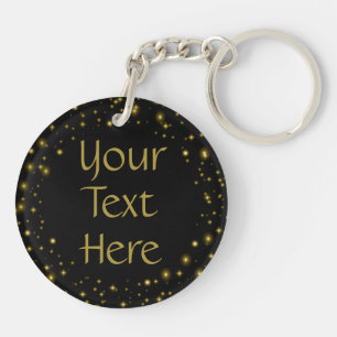 Gold Sparkles on Black Custom Text Key Ring