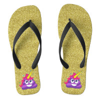 Gold Sparkles Purple Unicorn Emoji Poop Flip Flops