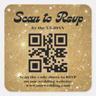 gold sparkles retro script rsvp qr code wedding square sticker