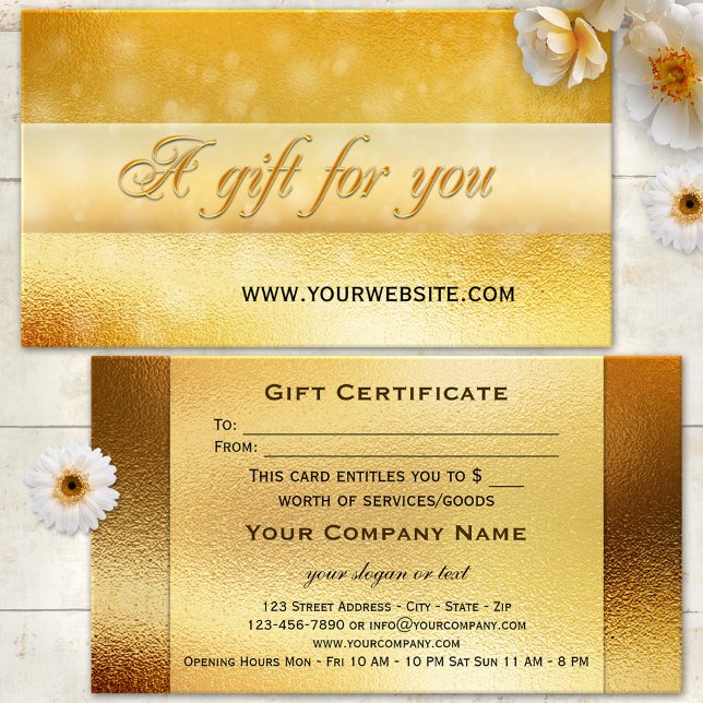 Gold Sparkling Bokeh Gift Certificate Template (Gift certificate business card featuring festive gold and bokeh sparkles)