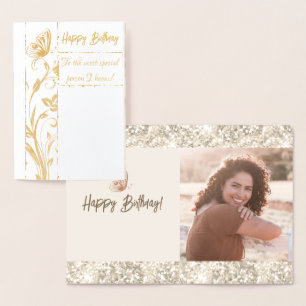 Gold Sparkling Butterfly Photo Birthday Real Foil Card