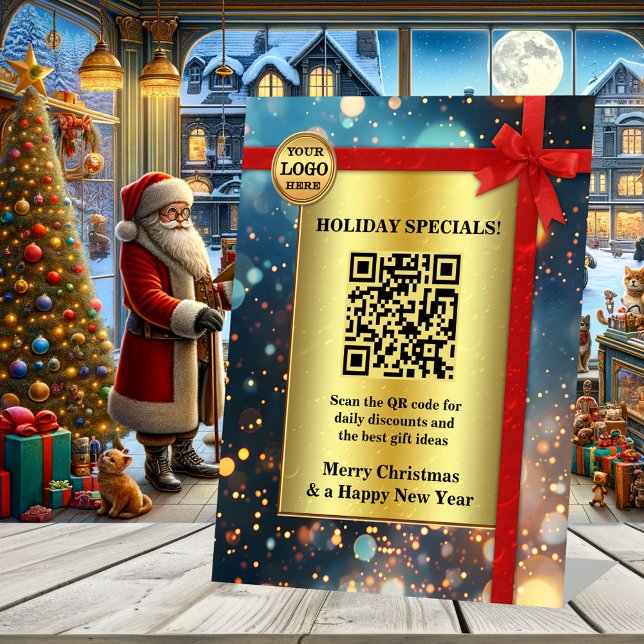 Gold Sparkling Festive Christmas Holidays  Pedestal Sign (Sparkling Christmas business tabletop sign template with a red ribbon on gold. With QR code and logo)