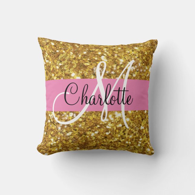 Gold sparkling glitter monogrammed      cushion (Front)