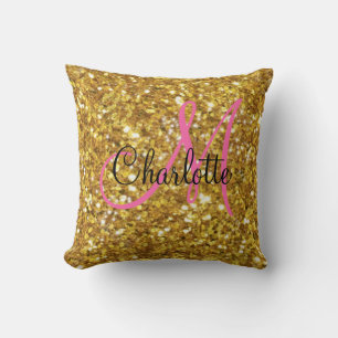 Gold sparkling glitter monogrammed cushion
