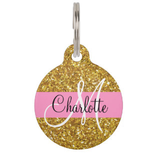 Gold sparkling glitter monogrammed pet tag