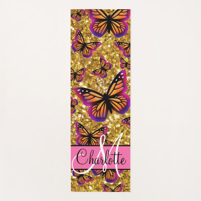 Gold sparkling glitter, orange pink butterflies   yoga mat (Front)