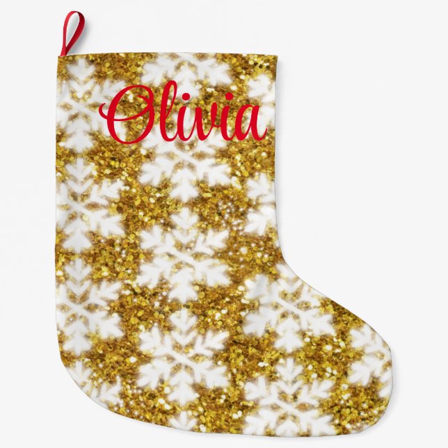 Gold sparkling glitter snowflakes          large christmas stocking (Front)