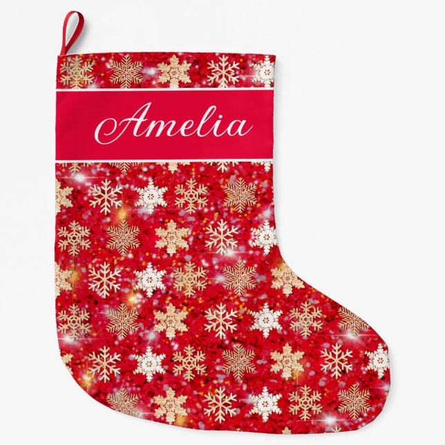 Gold sparkling glitter snowflakes            large christmas stocking (Front)