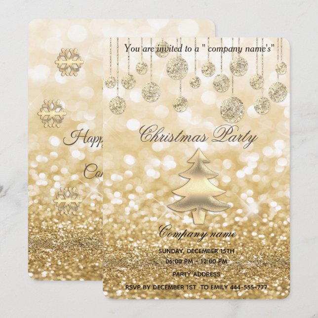 gold sparkling glittery corporate Christmas party Invitation (Front/Back)