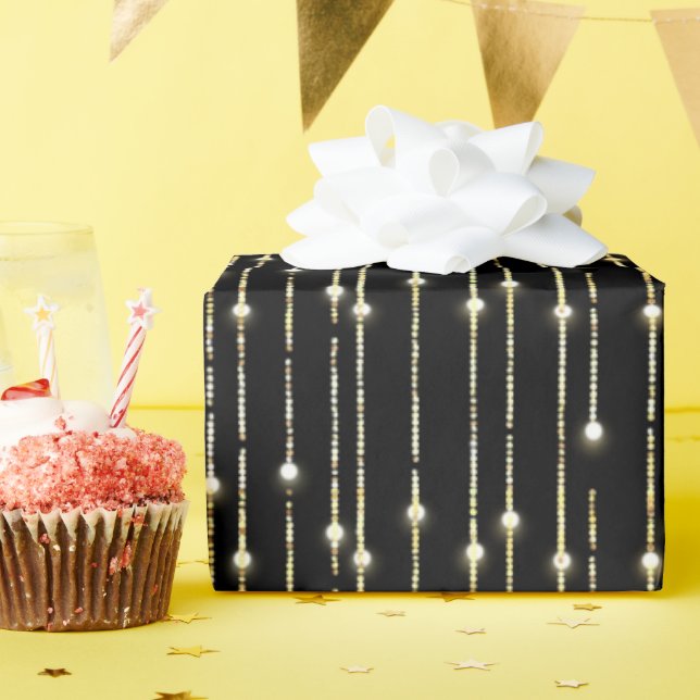 Gold Sparkling Lights On Black Wrapping Paper (Birthday Party)