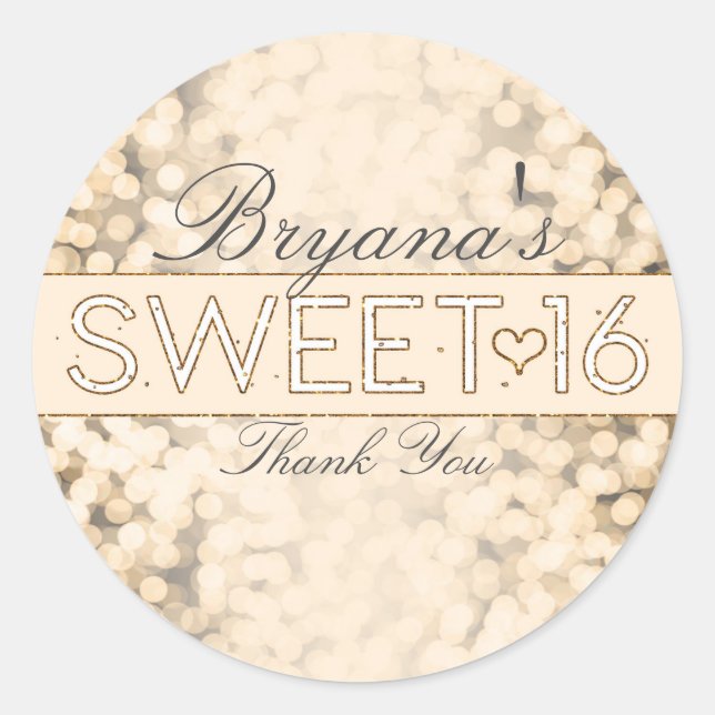 Gold Sparkling Lights Sweet 16 Party Stickers (Front)