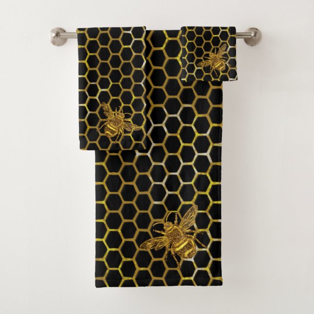 Gold Sparkling Queen Bee Gold Hexagon Beehive Bath Towel Set (Insitu)