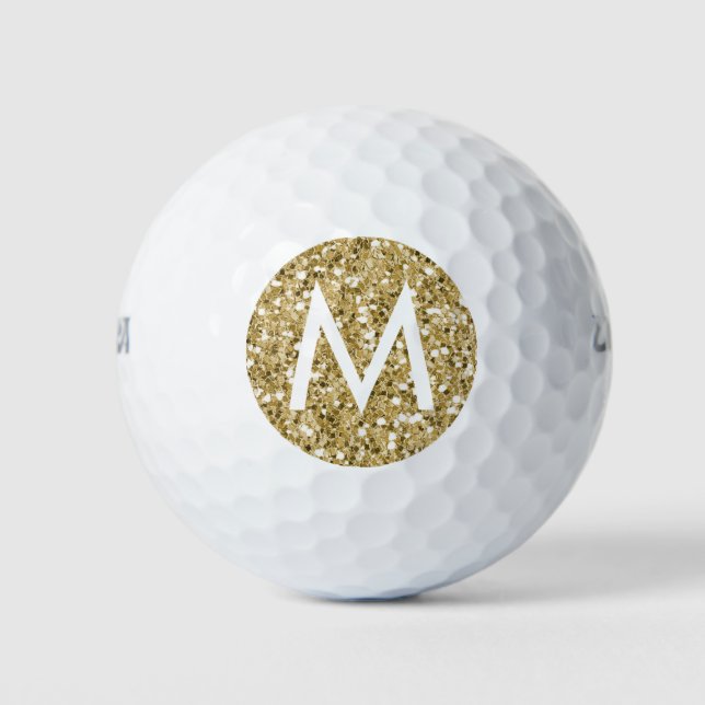 Gold Sparkly Glitter Modern Monogram Initial Golf Balls (Front)