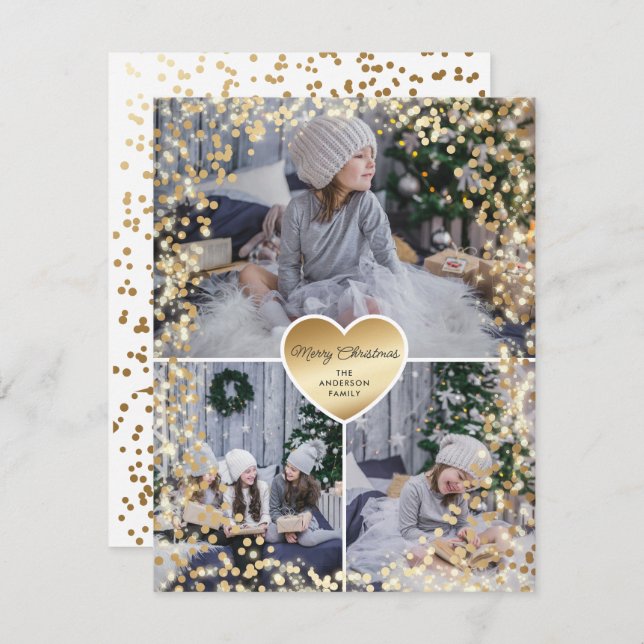 Gold Sparkly Photo Merry Christmas Holiday Card (Front/Back)
