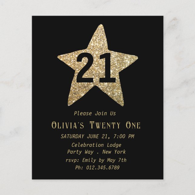 Gold Sparkly Star 21st Birthday Party Flyer (Front)