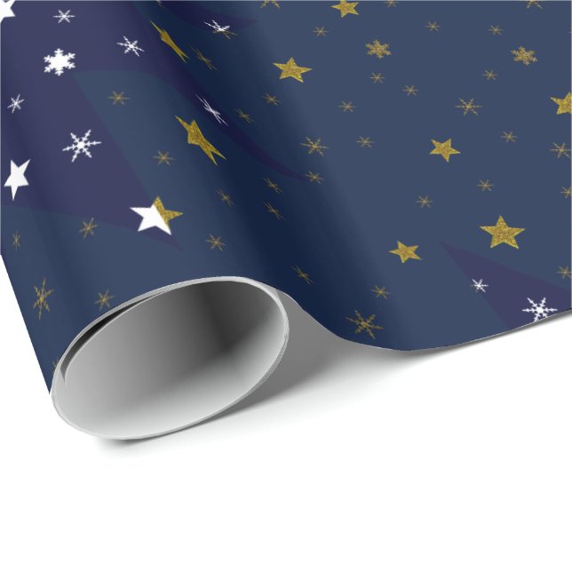 Gold Sparkly stars and white stars on blue sky Wrapping Paper (Roll Corner)