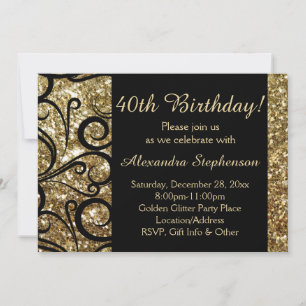 Gold Sparkly Swirl 40th Birthday Invitation