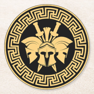 Gold Spartan Warriors Helmet Greek Pattern Round Paper Coaster