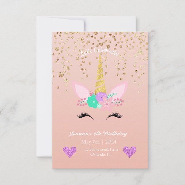 Gold Speckled | Floral Unicorn Birthday Invitation (Front)