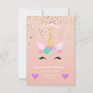 Gold Speckled   Floral Unicorn Birthday Invitation