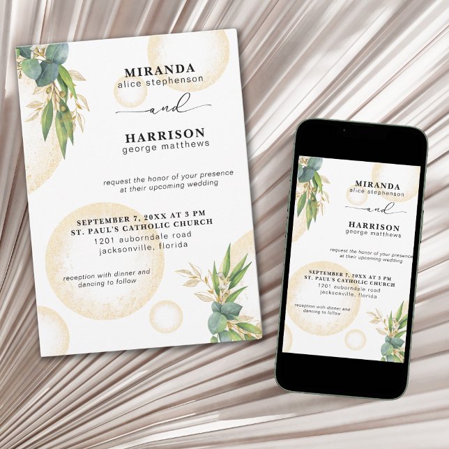 Gold Spheres and Botanical Wedding Invitation (Creator Uploaded)