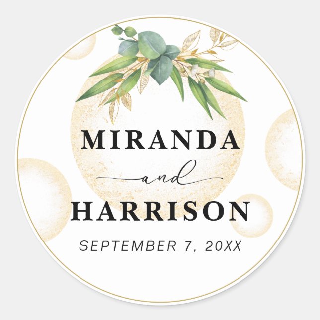 Gold Spheres and Botanical Wedding Sticker (Front)