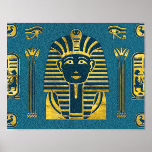 Gold Sphinx head with Egyptian hieroglyphs on blue Poster