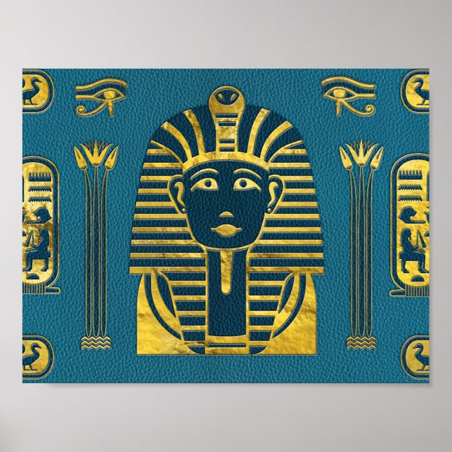 Gold Sphinx head with Egyptian hieroglyphs on blue Poster (Front)