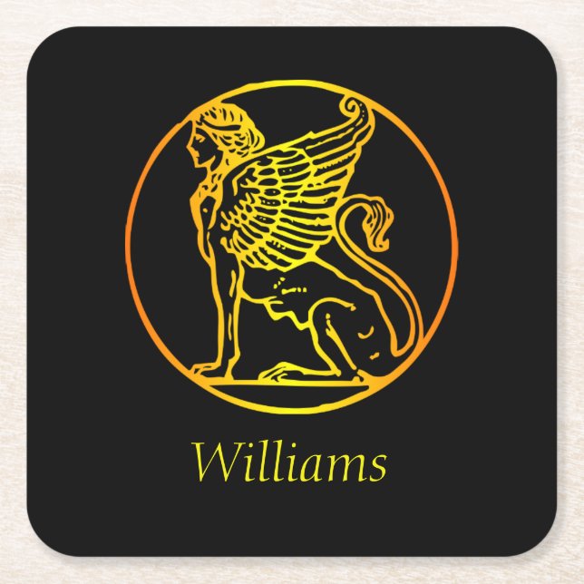 Gold Sphinx Round on Black Square Paper Coaster (Front)