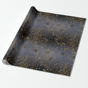 Gold Spider Webs on Black Night Background Wrapping Paper