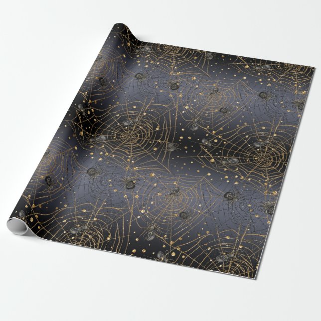 Gold Spider Webs on Black Night Background Wrapping Paper (Unrolled)