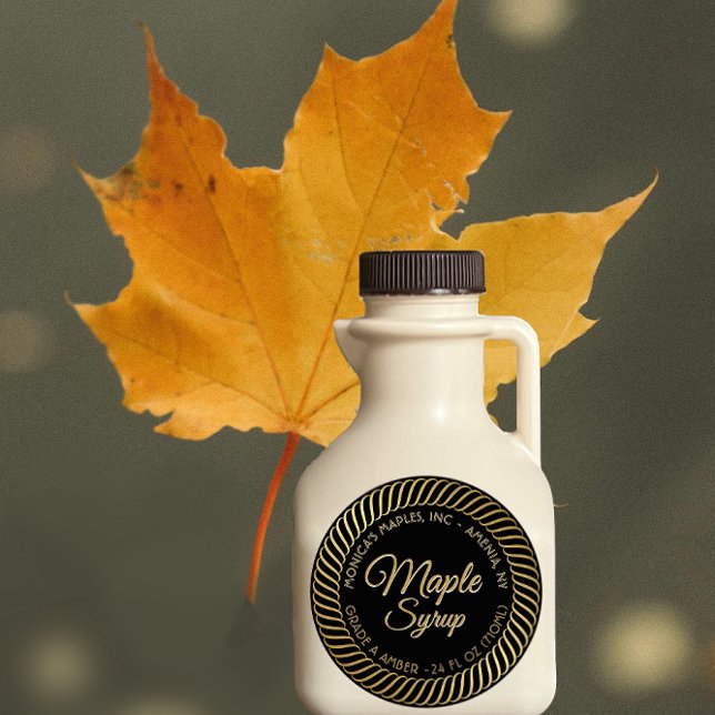 Gold Spiral Border Maple Syrup Label on Black (Creator Uploaded)