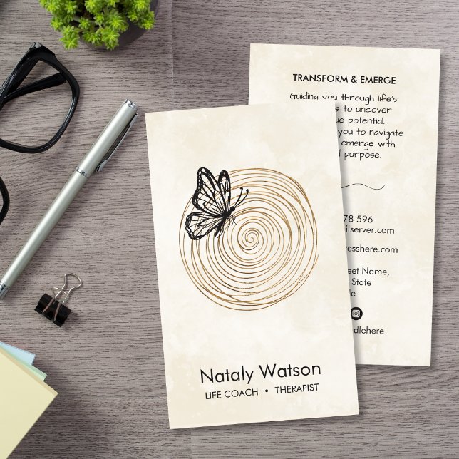 Gold Spiral Journey & Butterfly Sketch Life Coach Business Card (Creator Uploaded)