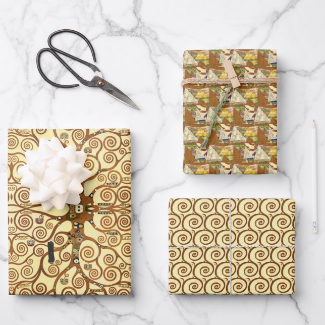 Gold Spirals Triangles Yellow Gustav Klimt Pattern Wrapping Paper Sheet (Front)