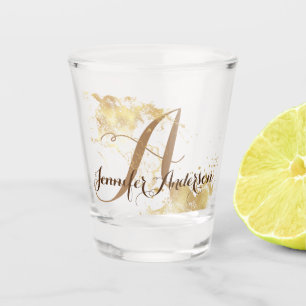 Gold Splash Glitter Monogram Name Script Shot Glass