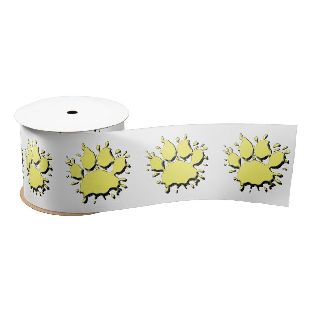 Gold Splatter Dog Paw Drawing Pattern Satin Ribbon (Spool)