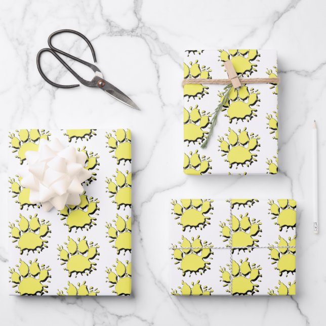 Gold Splatter Dog Paw Drawing Pattern Wrapping Paper Sheet (Front)