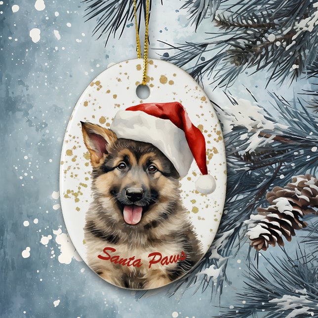 Gold Splatter Santa Paws German Shepherd Puppy Ceramic Tree Decoration (Creator Uploaded)