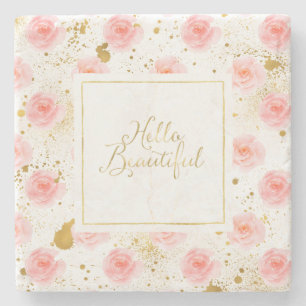 Gold Splatters Pink Roses Hello Beautiful Stone Coaster