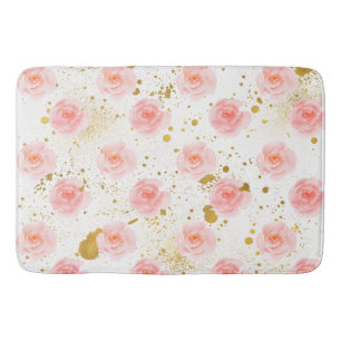 Gold Splatters Pink Roses Watercolor Bath Mat