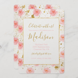 Gold Splatters Pink Roses Watercolor Birthday Invitation