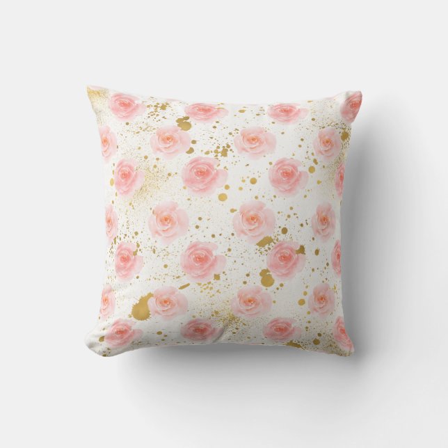 Gold Splatters Pink Roses Watercolor Cushion (Front)