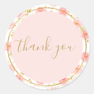 Gold Splatters Pink Roses Watercolor Thank you Classic Round Sticker