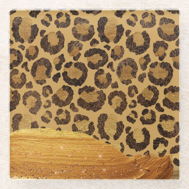 Gold Spots on Metal Glamour Cheetah Skin Glass Coaster (Front)
