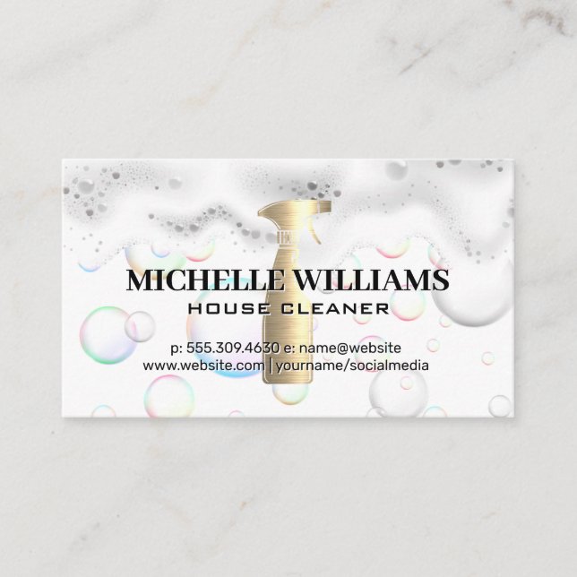 Gold Spray Bottle | Soap Bubbles and Suds Business Card (Front)