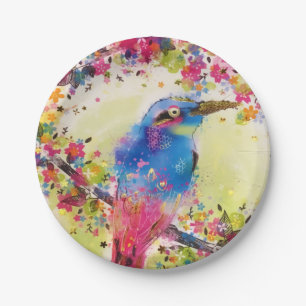 Gold Spring Bird Flower Blossom Watercolor Paper Plate