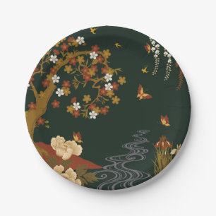 Gold Spring Floral Cherry Blossom River Night Paper Plate