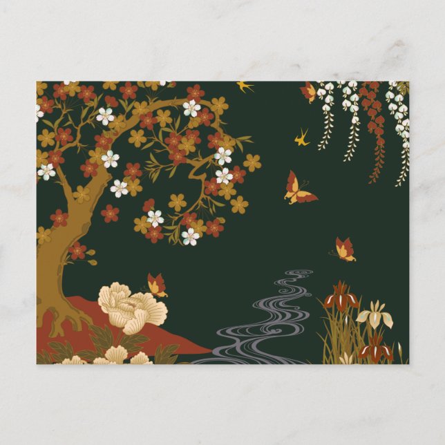 Gold Spring Floral Cherry Blossom River Night Postcard (Front)