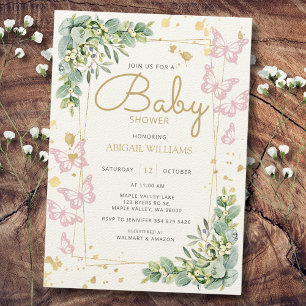Gold Sprinkle Pink Butterfly Greenery Baby Shower Invitation