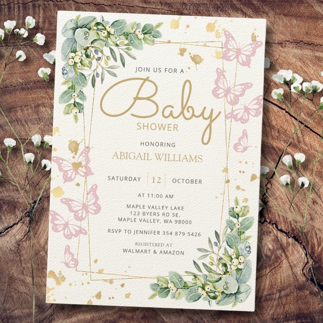 Gold Sprinkle Pink Butterfly Greenery Baby Shower Invitation (Creator Uploaded)